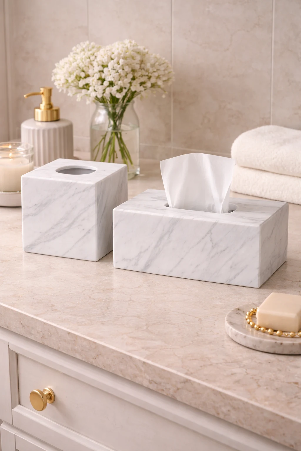 Classic White Marble Tissue Box Set