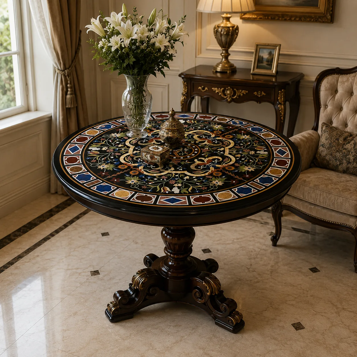Black Marble Floral Inlay Table Top