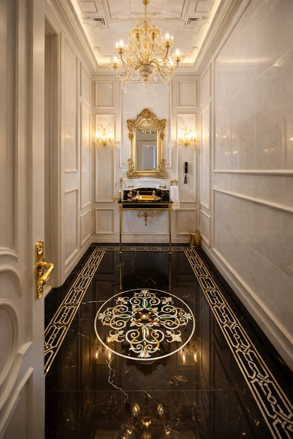 Black Marble Inlay Floor Medallion Design