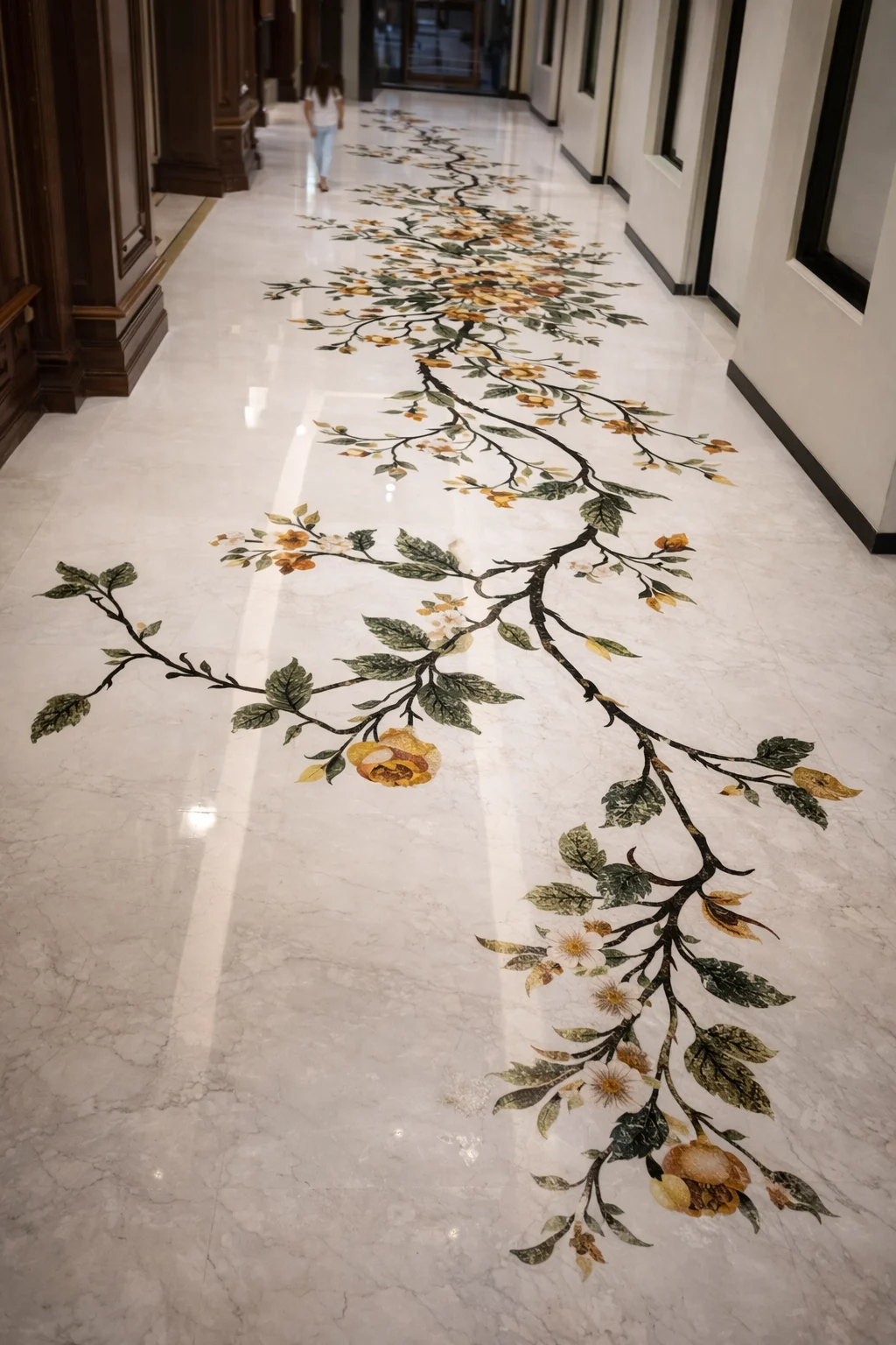 Floral Vine Marble Inlay Corridor Flooring