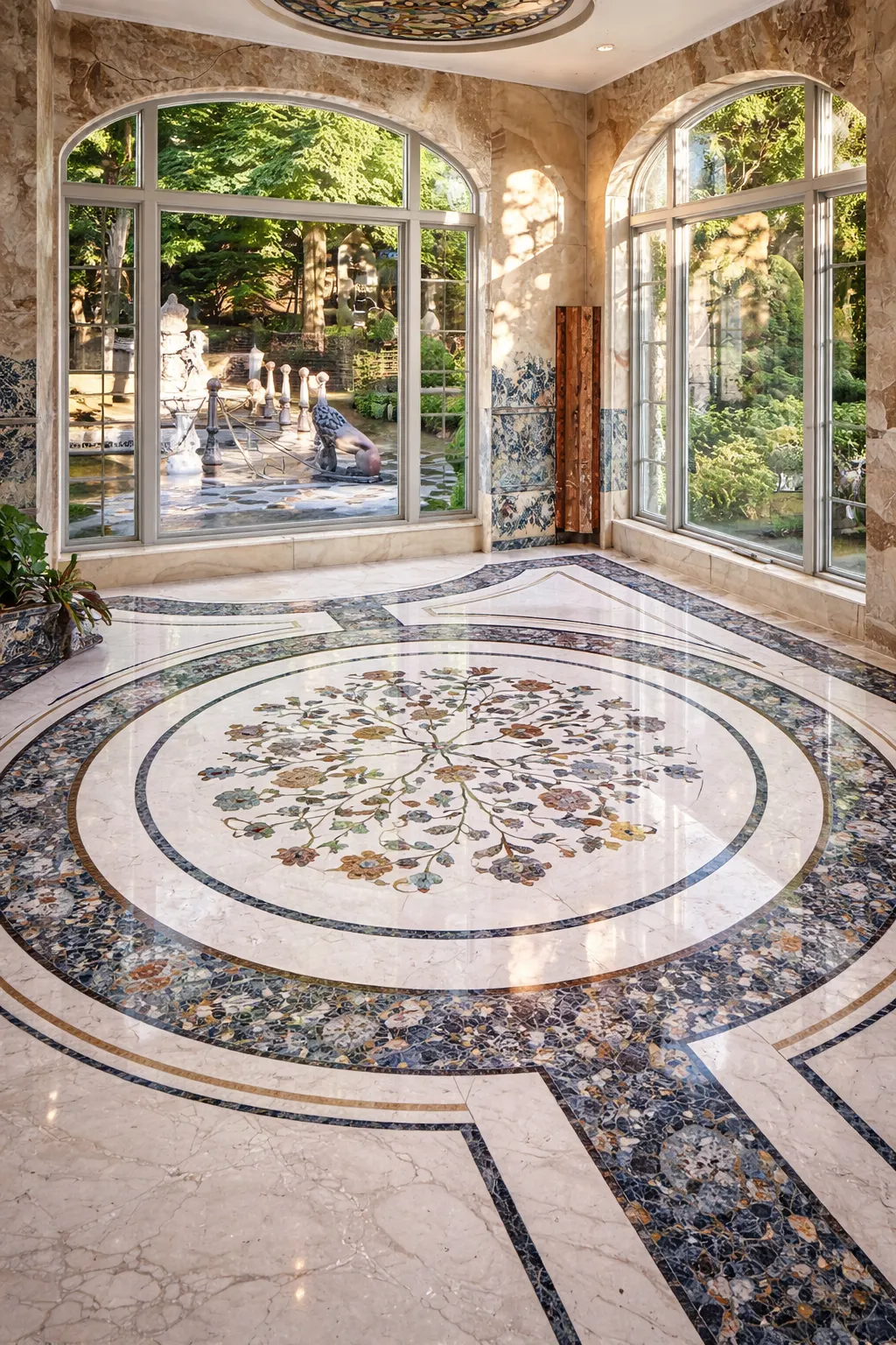 Luxury Floral Marble Inlay Floor Medallion