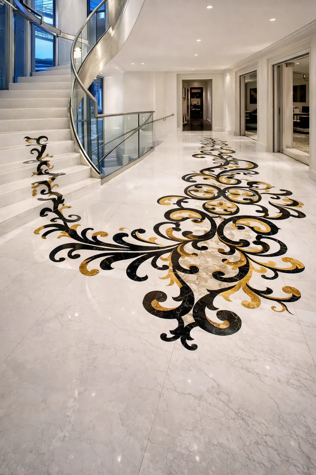 Luxury Scroll Marble Inlay Staircase Flooring