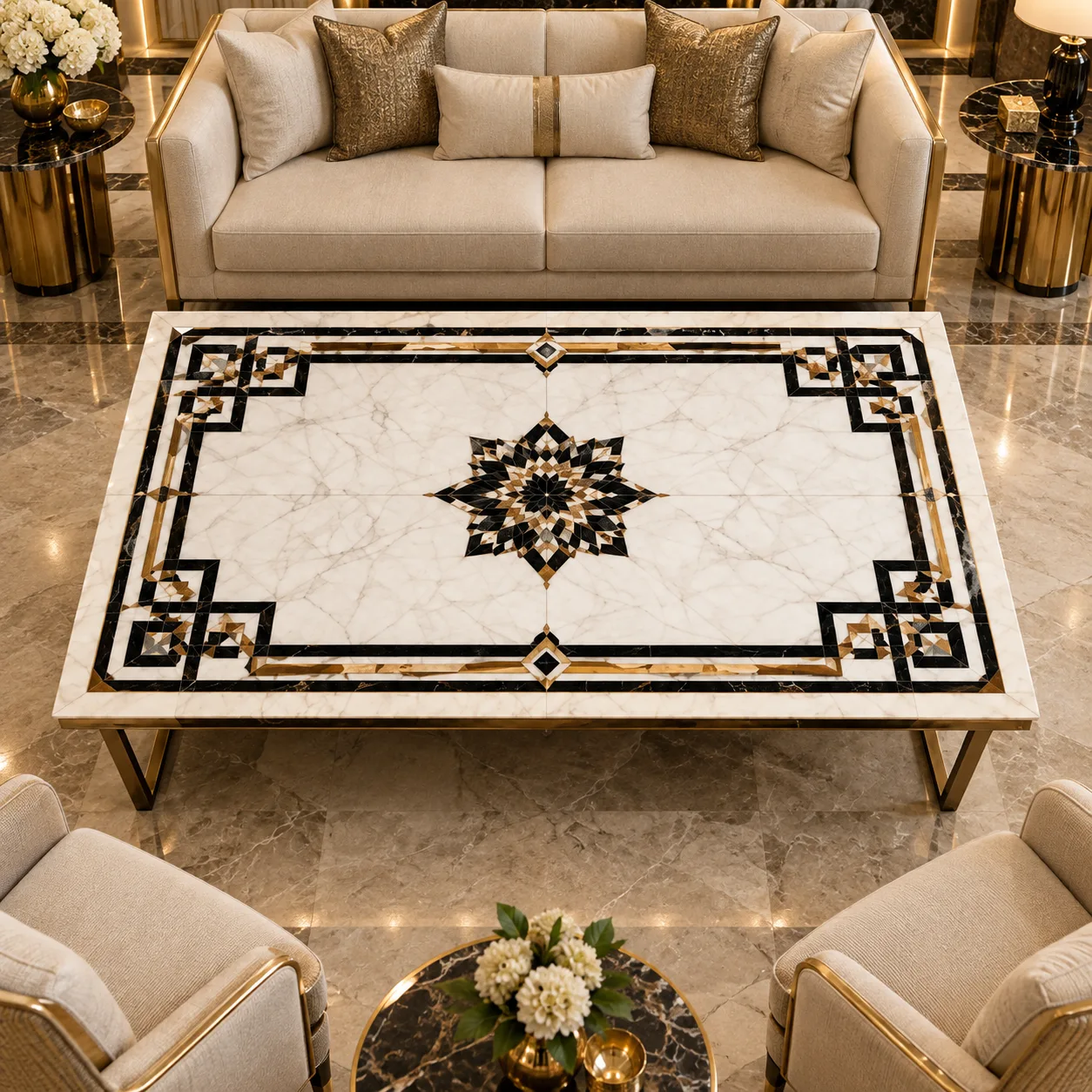 Art Deco Geometric Marble Inlay Table Top