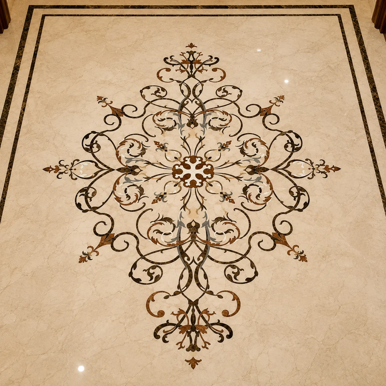 Bespoke Ornamental Floral Scroll Marble Floor Inlay