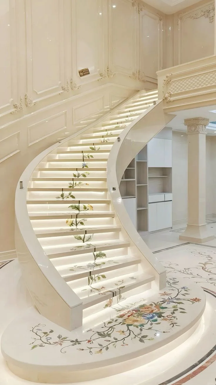 Botanical Floral Marble Staircase Inlay