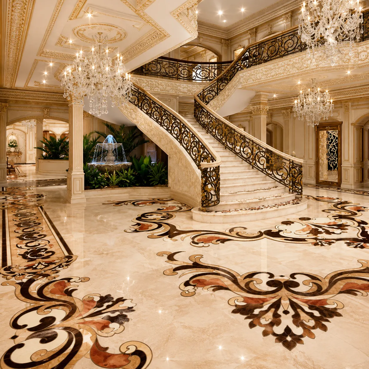 Imperial Ornamental Scroll Marble Floor Composition