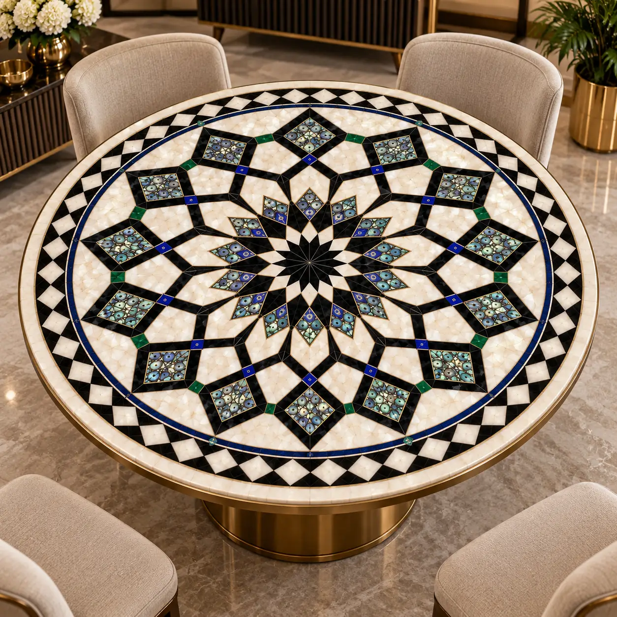 Pearly Geometric Star Mosaic Marble Inlay Table Top