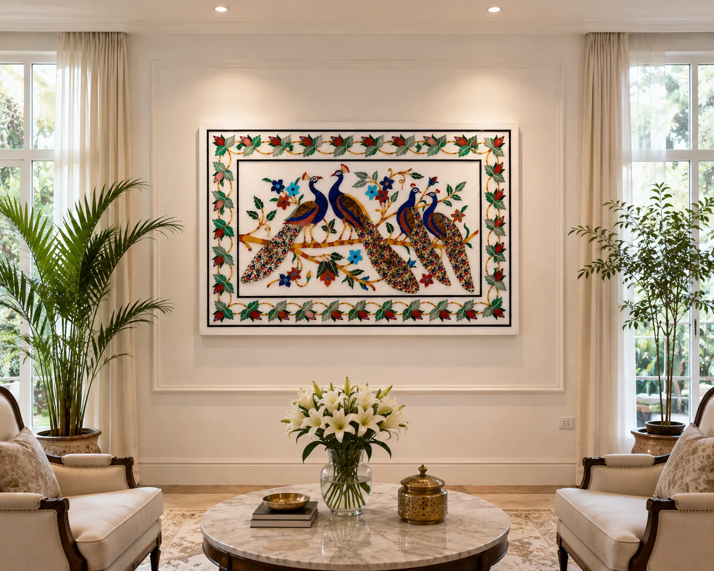 Royal Peacock Marble Inlay Panel