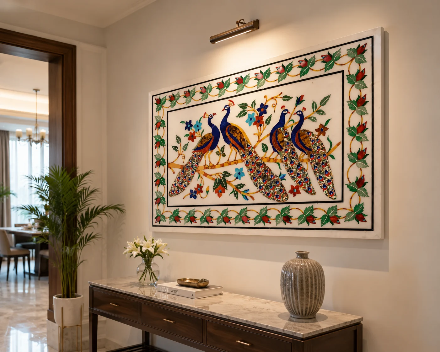 Royal Peacock Marble Inlay Panel