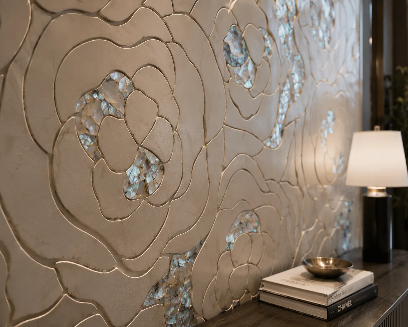 Close-up view of Celeste Pearl Floral Inlay Panel