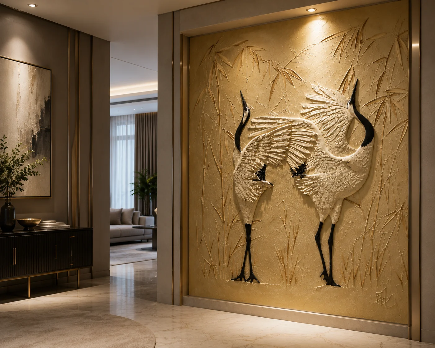 Hall view of Royal Crane Marble Wall Mural