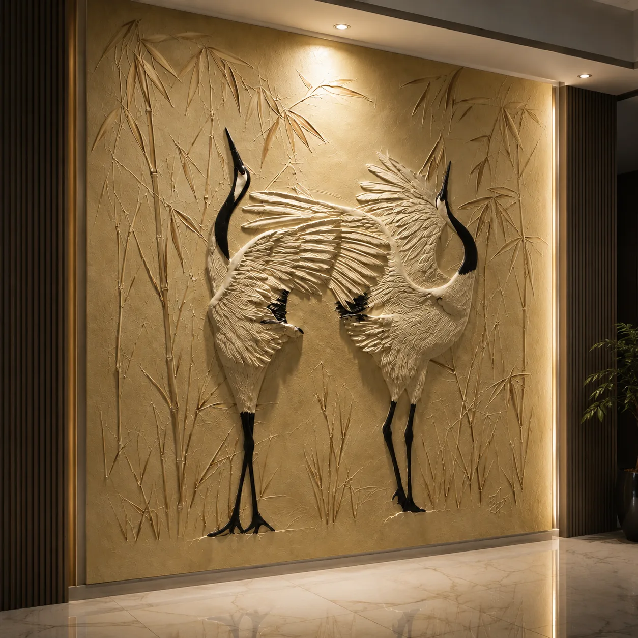 Lighting view of Royal Crane Marble Wall Mural